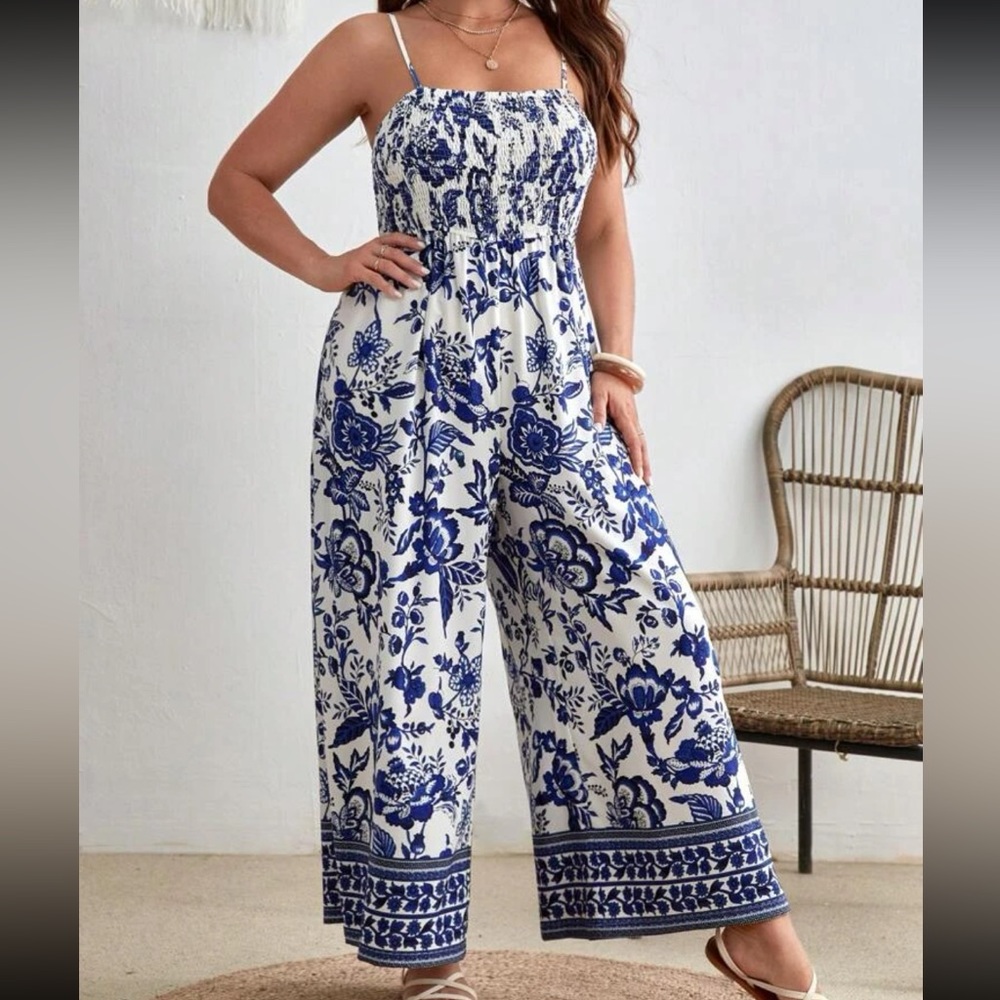Bohemian Boho Plus Size Floral Paisley Smocked Wide Leg Pants Jumpsuit - Picture 3 of 4